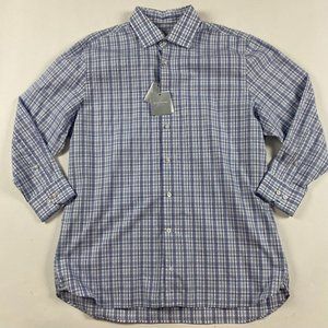 NWT Hickey Freeman Contemporary Fit Shirt Mens 17  32/33 Navy Check Pima Cotton